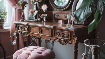 An enchanting vanity table its wooden frame adorned with intricate scrollwork and a dusty pink cushioned stool. Vintage hand mirrors and a silver brush add a touch of luxury to th photo