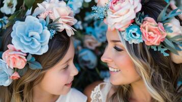 A mother and daughter bonding over a fun DIY project as they create matching floral crowns using real and faux flowers in shades of pastel blue and pink perfect for a motherdaughte photo