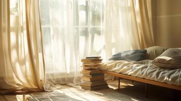 An inviting reading nook illuminated by warm sunrays filtering in through curtains beckons with a plush daybed and a side table stacked with toberead books photo