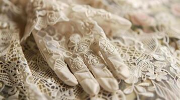 A pair of lace gloves resting on a vintage lace doily complementing each other in their intricate lace patterns and creating an ethereal and romantic atmosphere photo