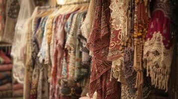 The hustle and bustle of a bustling marketplace fades away as you step into this charming stall filled with delicate lace ribbons and intricately patterned fabrics photo