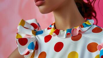 A playful skater dress adorned with oversized polka dots in a variety of colors complete with ruffled cap sleeves and a cinched waist for a fun and youthful vibe photo