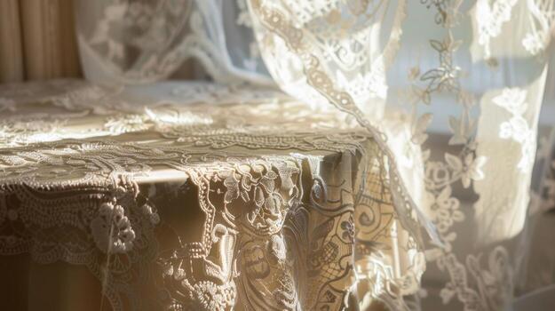 Sunlight filtering through lace curtains highlights the intricate lace patterns of the tablecloth creating a stunning interplay of light and delicate fabric photo
