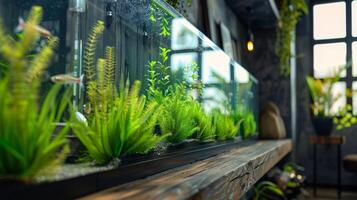 A rustic wooden TV stand with a long narrow aquarium running along the bottom showcasing a variety of tall elegantly swaying aquatic plants photo
