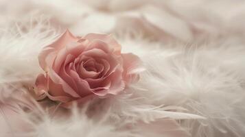 A dainty rosebud in a subtle shade of pink resting on a bed of soft white feathers creating a dreamy and ethereal aesthetic photo