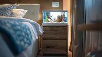 For those who love the peacefulness of the ocean this bedside table is a musthave featuring a builtin aquarium that can be filled with calming sea creatures photo