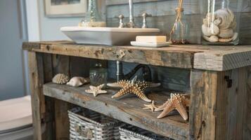 A farmhousestyle vanity made from reclaimed wood with a charming undersea garden built into the lower shelf showcasing delicate starfish and tiny crabs photo