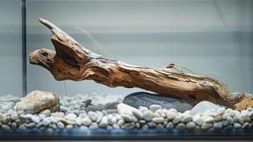 A fish tank with a minimalist aesthetic accented with smooth pebbles and a solitary piece of driftwood for added texture and interest photo