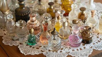 A feast for the eyes with an array of antique perfume bottles each with its own intricate design displayed on a dainty lace doily photo