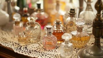 A visual delight of antique perfume bottles gracefully displayed on a lacy doily transporting you to a time of elegance and refinement photo