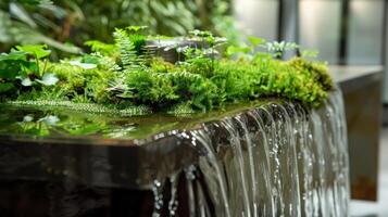 A chic and modern coffee table with a twist a vivarium filled with tiny ferns mosses and a small waterfall cascading down the side photo
