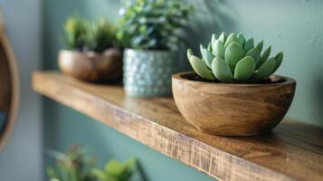 Transform your space into a tranquil haven with these floating shelves incorporating living elements such as water and nature into your everyday environment photo