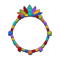 Maya or Aztec cartoon game frame. Round-colored stone frame. Empty cartoon frame of small stones and feathers for your game icons or slot symbols. png