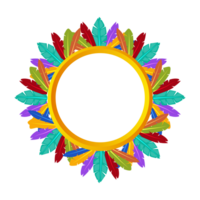 Empty cartoon frame of colored feathers for your game icons or slot symbols. Maya or Aztec cartoon game frame. Round-golden frame png