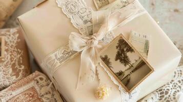 Vintageinspired stamps and postmarks adorn this creamcolored wrapping paper finished off with a lace ribbon in a warm taupe shade photo