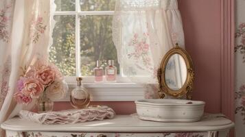 A paradise of pink and lace with a cozy window nook dd in fabric and an elegant vanity adorned with vintage perfume bottles photo