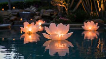 Create a serene and peaceful setting with glowing illuminated lotus flower inflatables and floating lanterns turning your pool into a tranquil oasis photo