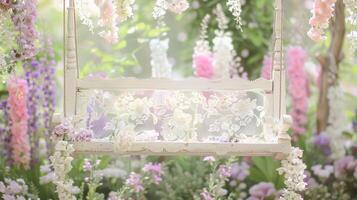 A serene garden scene showcasing a charming swing adorned with delicate lace and surrounded by a delightful display of pastelhued flowers photo