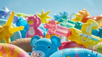 A playful display of retro beach toys from inflatable animal floaties to colorful water guns. They not only provide entertainment but also bring a fun retro flair to any beach gathering photo