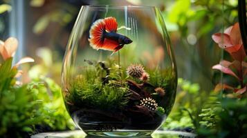 An eyecatching display of elegance and tranquility with a miniature underwater ecosystem housed in a delicate glass vase complete with graceful betta fish sea urchins and lush gree photo