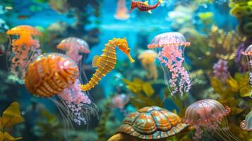 Imagine working at a desk surrounded by graceful seahorses mesmerizing jellyfish and whimsical sea turtles. The undersea garden in this office brings a touch of magic to the workda photo