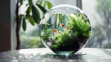 A delicate balance of greenery and sea creatures in a clear spherical container this terrarium and aquarium combo is a peaceful addition to any living space photo