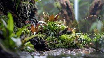 A captivating display featuring a unique mix of hardy land plants and delicate water plants creating a dynamic and visually stunning vivarium photo