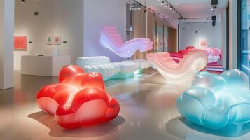 A modern art exhibit showcasing an array of abstract 3D inflatable sculptures displaying a blend of playful and elegant elements photo