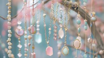 A display of pastelhued statement necklaces hanging from a branch creating an ethereal and whimsical vibe photo