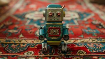A nostalgic windup robot with its gears and wheels exposed hovers effortlessly above a retro rug a symbol of the endless possibilities of the imagination photo