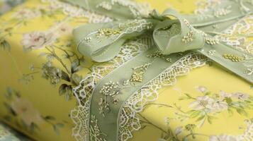 Soft yellow paper with a vintage floral pattern wrapped around a gift with a lace ribbon in a complementary pale green shade photo
