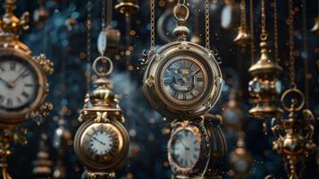 An ethereal display of antique clocks that appear to be levitating in midair. Each clock has a unique design and stands out against a moody starry background photo