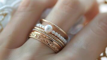 A set of stackable rings featuring delicate lace textures and stunning pearls adding a playful and romantic touch to any hand photo