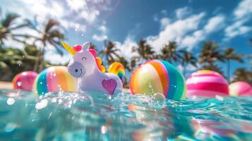 Vibrant inflatable toys from beach balls to unicorns floating playfully in a tropical lagoon photo