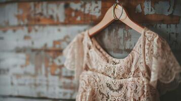 A vintage lace dress hanging on a wooden hanger its intricate lace details and soft pastel color evoking feelings of romance and nostalgia photo