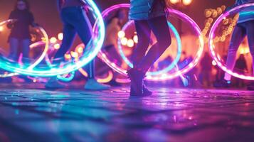 A mystical scene of levitating hula hoops glowing with a soft aura and inviting onlookers to join in on the fun photo