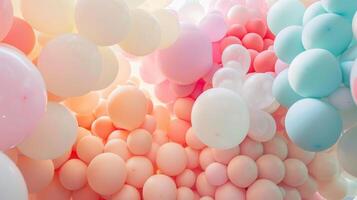 A dreamy display of pastelcolored balloons drifting upwards and intertwining with each other evoking a sense of pure joy photo