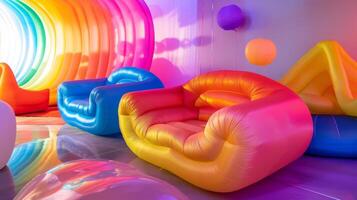 This energetic and playful room exudes a distinctly Y2K vibe with its multifaceted collection of inflatable furniture ranging from neon bean bags to inflatable couches photo