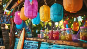 A poolside bar is adorned with strings of colorful paper lanterns and a vintage surfboard sign. Adding to the retro vibes are drinks served in mason jars and oldschool plastic tik photo