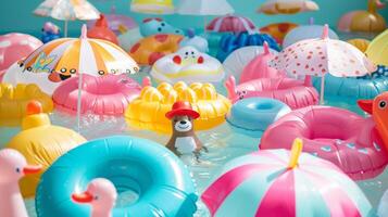 Vibrant beach umbrellas surrounded by an array of inflatable animalshaped pool floats photo