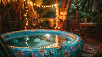 A dreamy and romantic setting with a vintagestyle inflatable pool surrounded by flickering string lights adorned with a delicate floral design and accented with a rustic wooden sig photo