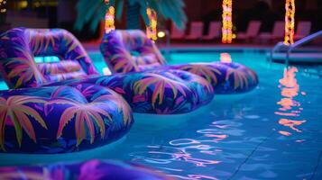 A poolside lounge area filled with inflatable chairs complete with neon lights and palm tree prints for a fun nostalgic twist photo