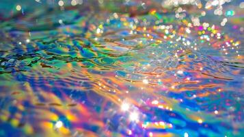 A detailed view of a rainbowspeckled plastic texture on a pool float capturing the shimmering surface and reflecting the surrounding sunlight photo