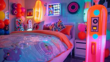 A groovy Y2K bedroom decorated with an assortment of inflatable throwbacks from a blowup lava lamp to an inflatable cassette tape wall art photo