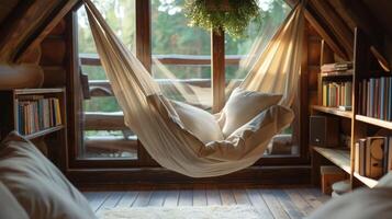 A cozy reading nook with a suspended airfilled hammock chair providing a suspended and weightless reading experience photo