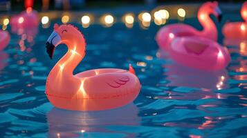 As the night comes to an end guests are given inflatable flamingo pool floats as party favors a reminder of the retro pool party they wont soon forget photo