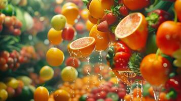 A vibrant display of floating fruits and vegetables seemingly defying gravity and bringing a playful touch to a traditional market scene photo
