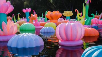 A floating garden of inflatable sculptures in various shapes and sizes creates a peaceful and otherworldly oasis inviting viewers to escape from reality photo