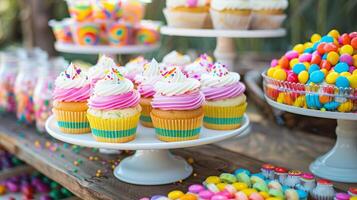A DIY dessert table is set up featuring treats like rainbow cupcakes and nostalgic candy from the 2000s photo