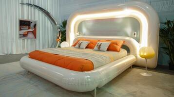 A bedroom adorned with retro inflatable furniture including a bed frame and bedside tables for a unique and whimsical sleeping space photo